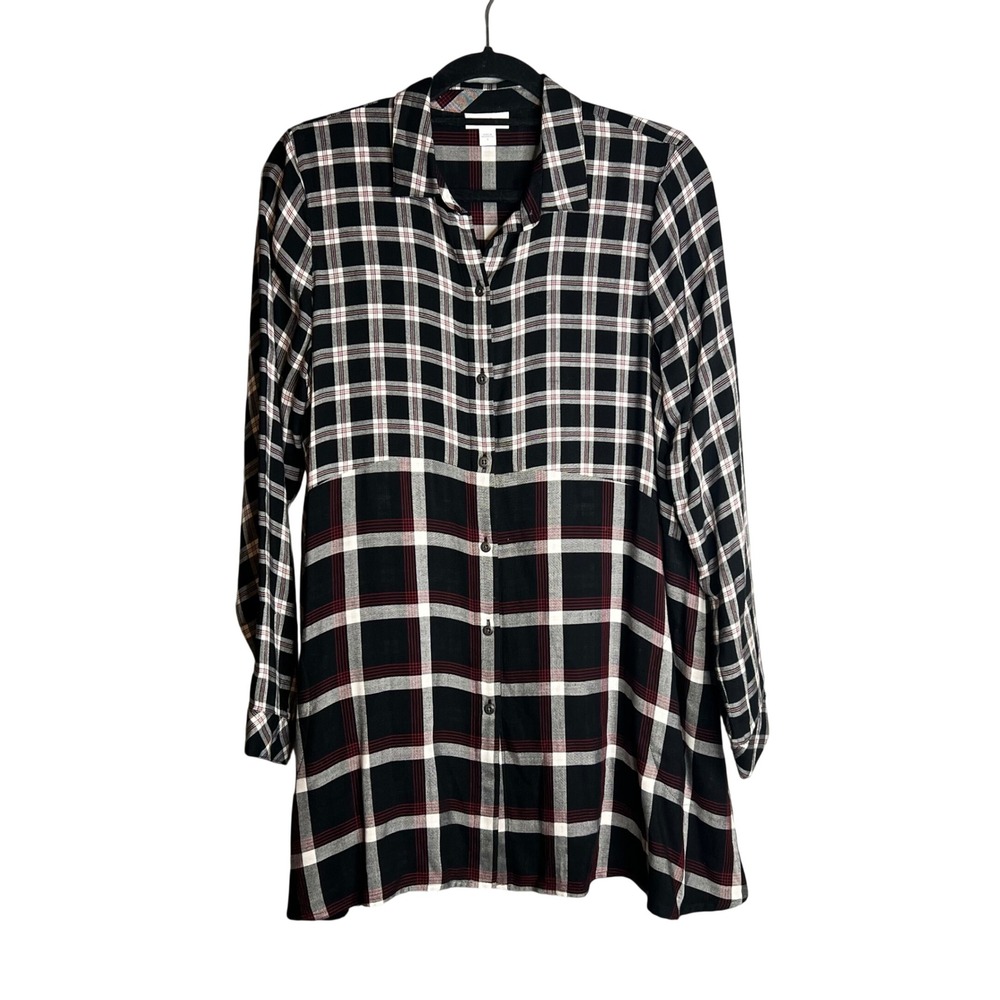 J. Jill Button Tunic Sz S Plaid Mixed Grid Rayon Pockets Asymmetrical Flowy